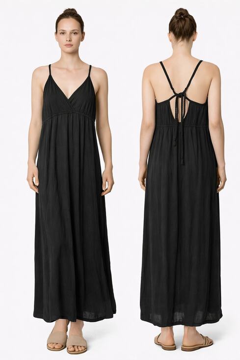 Old Navy Dresses & Skirts - Old Navy Black Maxi Dress Braided Strappy Tie Back Boho Rayon Size M